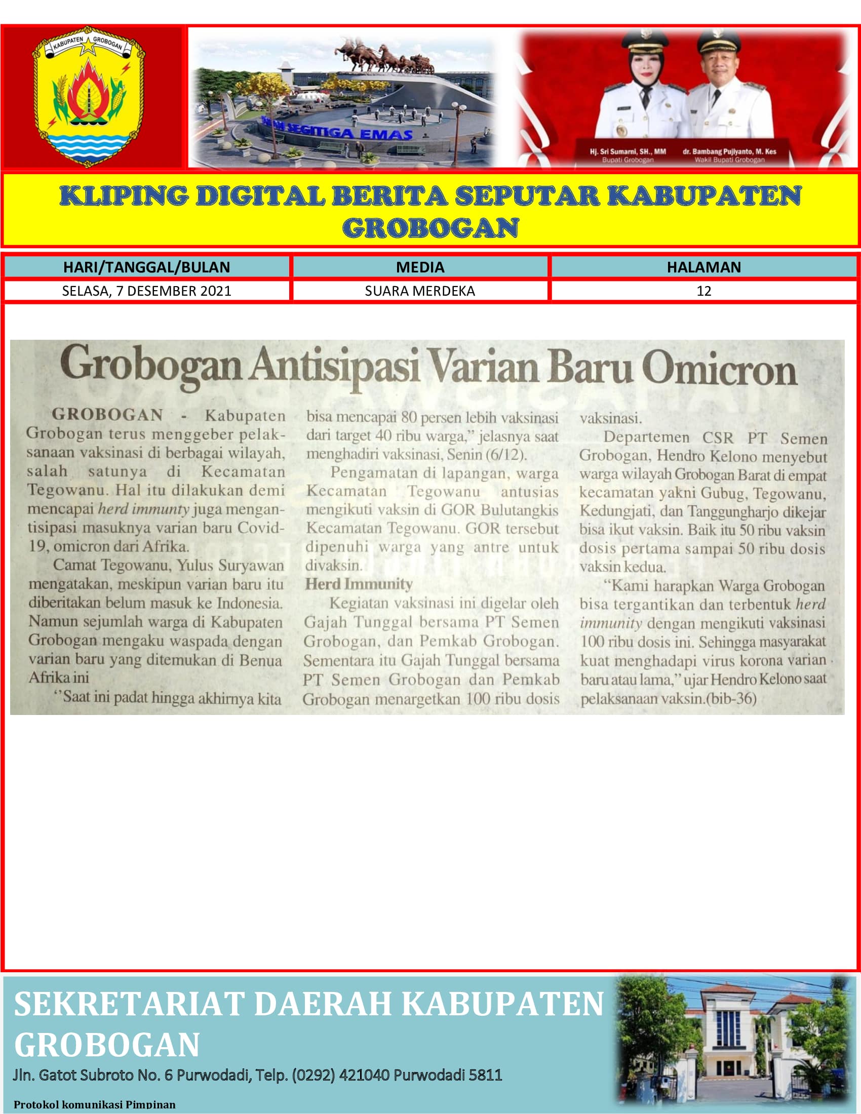 Grobogan Antisipasi Varian Baru Omicron Suara Merdeka 7 Desember 2021