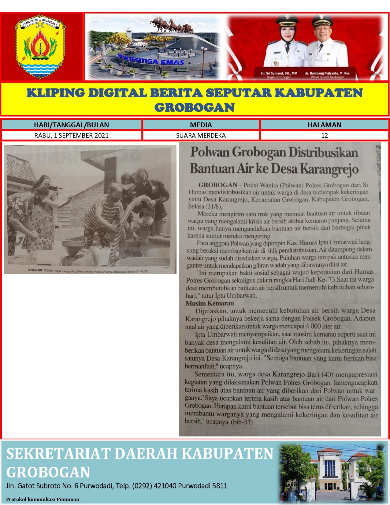Polwan Grobogan Distribusikan Bantuan Air Ke Desa Karangrejo Suara Merdeka 1.09.2021