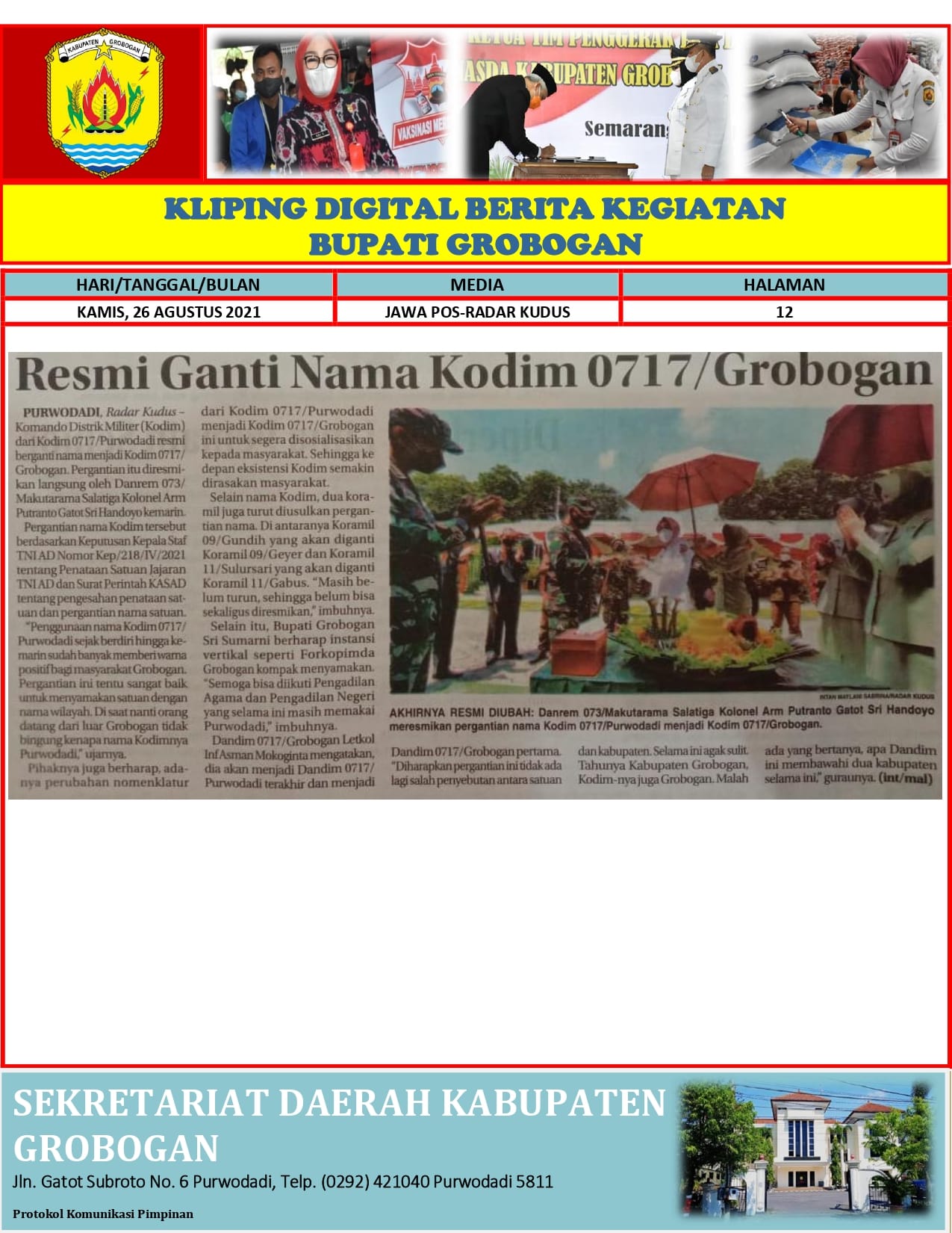 Resmi Ganti Nama Kodim 0717 Grobogan Radar Kudus 26.08.2021