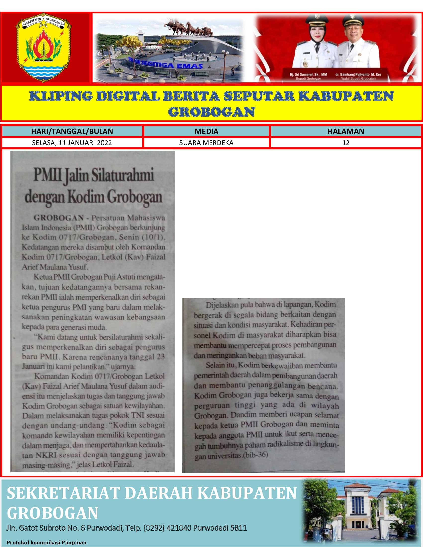 PMII Jalin Silaturahmi Dengan Kodim Grobogan Suara Merdeka 11.Januari 2022