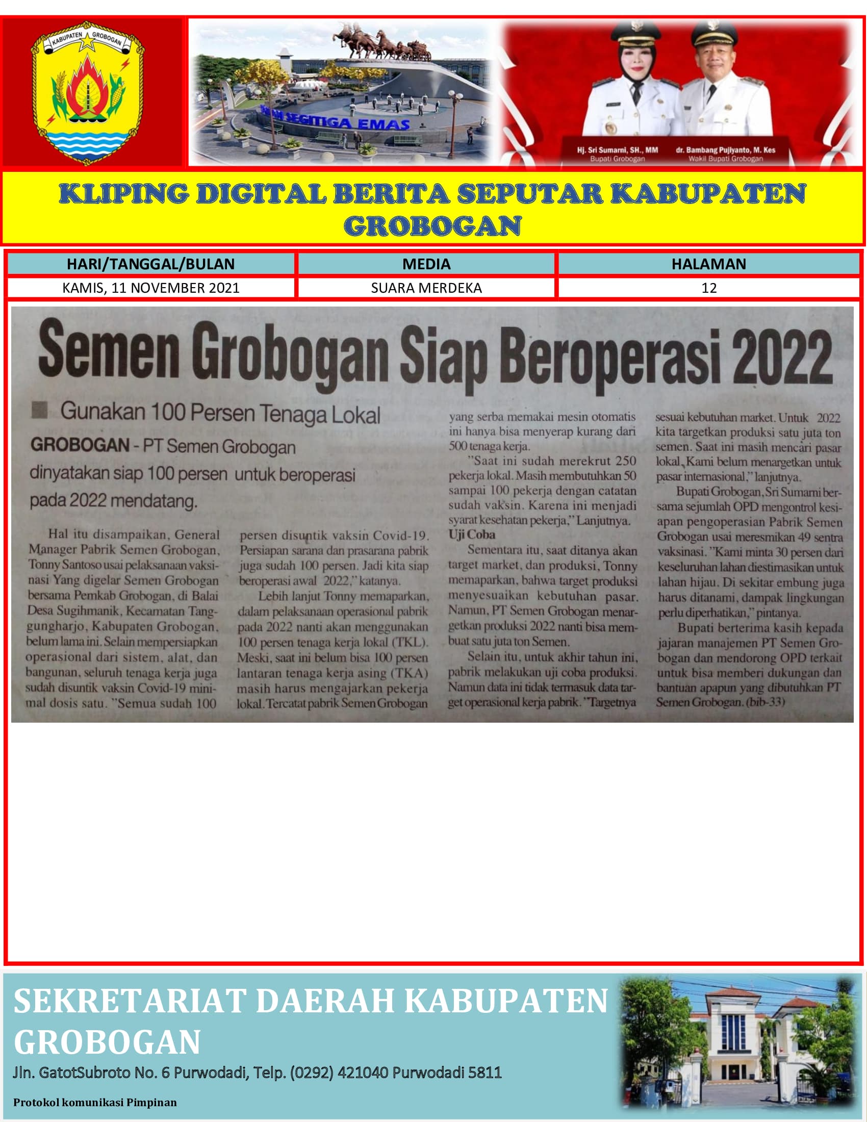 Semen Grobogan Siap Beroperasi 2022 Suara Merdeka 11.11.2021