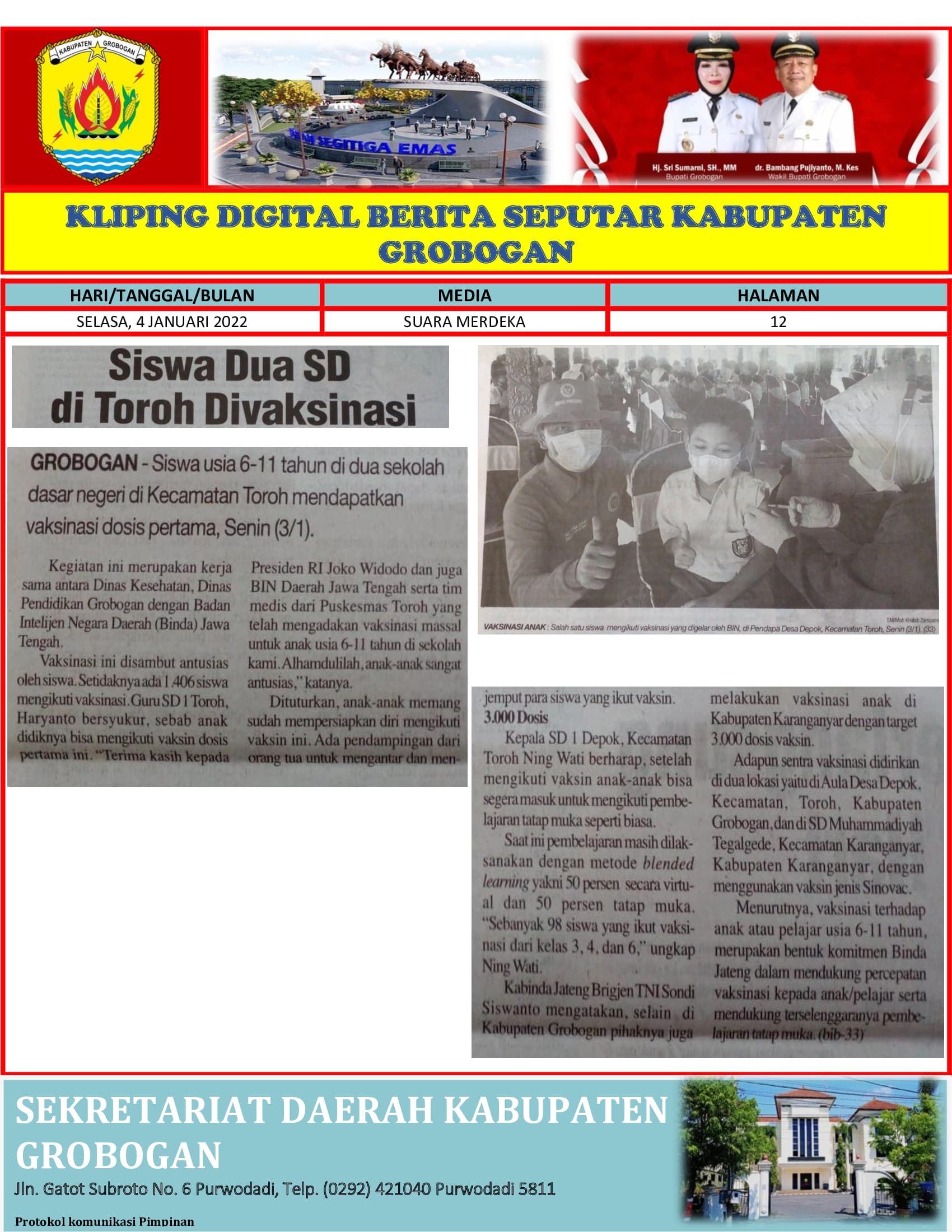 Siswa Dua SD di Toroh Divaksinasi Suara Merdeka 4 Januari 2022